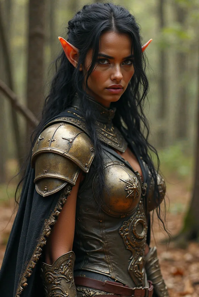 Upper body shot, North African woman, pointed elf ears, caramel skin, black hair, closed mouth, antique bronze armor, combat pose, dynamic pose, complex fantasy character, NSFW, cinematic lighting, fantasy, magic, detailed background, on a wooded battlefie...