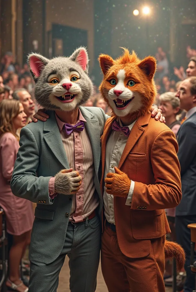 Two black,gay men dressed up as  animals cat and dog in the university auditorium in Toronto with lots of friends, in the classroom