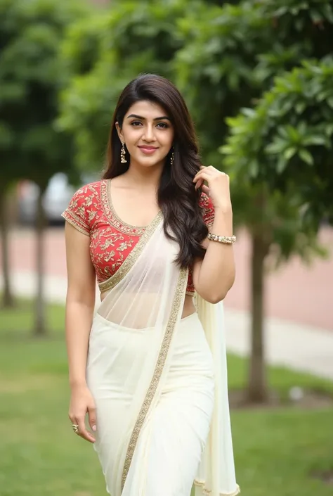 Indian beautiful woman, medium thick curvy body shape,large breasts,long black hair, rounded face, seductive looking,wearing pure white  colour,  red floral disign saree,hdr, background park, high details photography,dslr, Shy, 