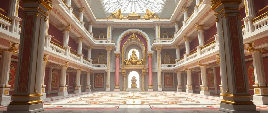 (photorealism:1.2), interior of a very large multi-tiered palace with ornate and magical architecture in white red and gold with touches of defining black and very mild neon edging, very luxurious with patterned marble flooring, balconies and entryways int...