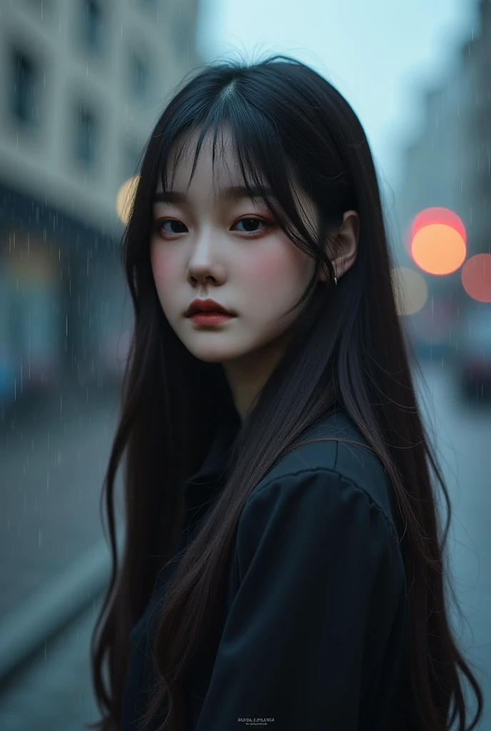 create a poster for a solo kpop idol called Bae Yura. The concept is dramatic romance. In the background an empty street, And it's raining.  with the words  "BAE YURA first mini album".
 long straight hair, She is very pale,And she's crying, with a style l...