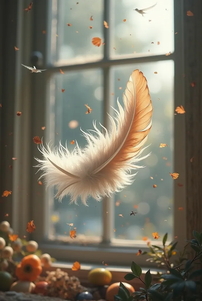 Photorealistic,After wild birds flew away from the window　Depiction of only feathers dancing fluffily、