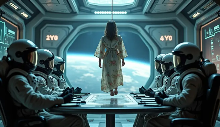 A futuristic space station conference room, surrounded by astronauts in high-tech space suits with reflective visors. They sit in a circular formation around a floating, lifeless woman wearing a floral-patterned bathrobe, suspended in the air by a noose. T...