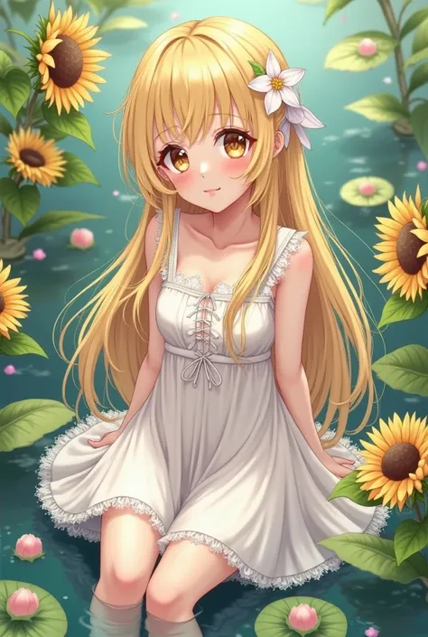 Beautifull, adorable innocent anime woman sitting on a pond, she has fluffy soft long blond hair, her eyes mesmerizing, her face expression innocent and pure, she has an adorable short white dress with lace, as she sits in the pond, where are sunflowers, p...