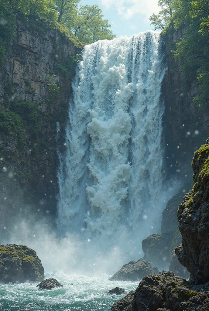 a giant waterfall with great splashes of water falling on rocks the 