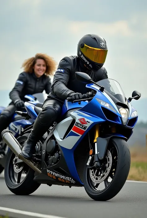 two Suzuki motorcycles. That one motorcycle is a GSX-R Yoshimura in black. It is driven by a big,  muscular man , that wears black and white motorcycle clothes, Made of leather. He is wearing a gold-black helmet with a golden visor. The other motorcycle is...