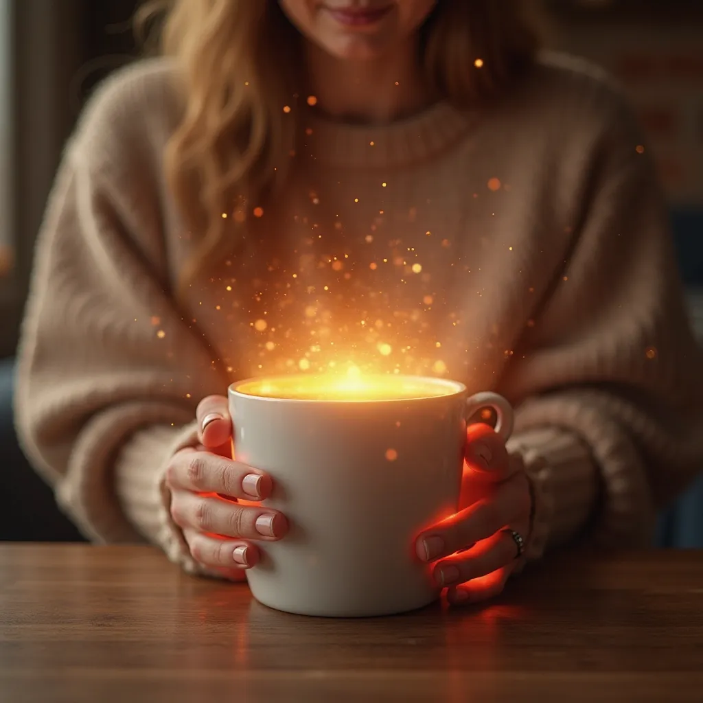 a full-bodied person holding a cup of coffee, but surrounding the cup there is a bright aura of vibrant colors (as a touch of warmth, light and comfort), representing the feeling of well-being and pleasure. The scene is cozy , with subtle modern design ele...