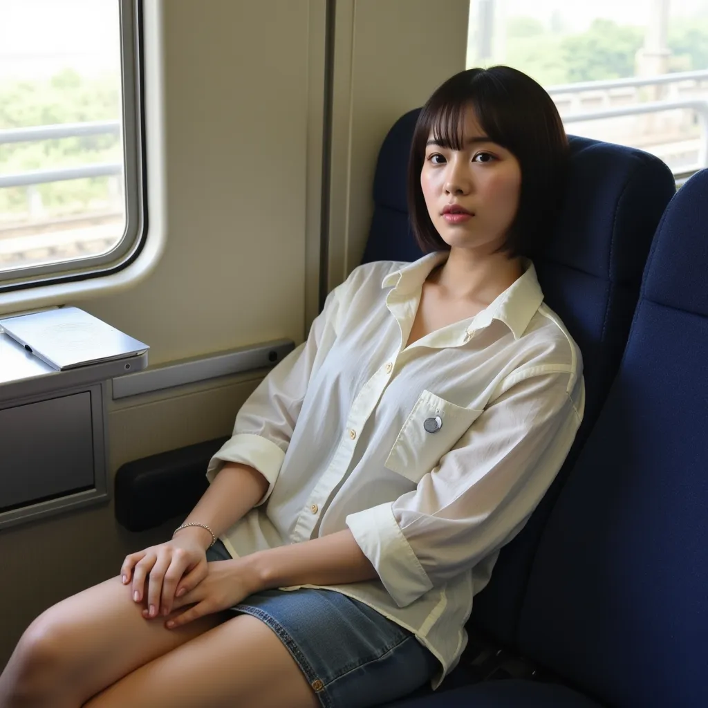  Japanese Actress、black hair bob hair、Big Breasts、 beautiful feet、full body、 is sweaty、I'm wearing a shirt over my camisole、denim mini skirt、I'm dozing off on a bullet train seat、