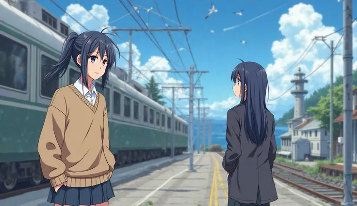 Aoi Takahashi, now going by Akari, steps off the train onto a quiet coastal town platform. She wears a beige sweater over her slightly oversized school blazer, her long, dark blue hair tied in a loose side ponytail, catching the ocean breeze. Her violet ey...