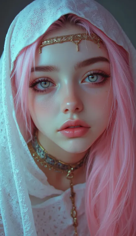 Woman, baby pink hair, long hair, Layered Wavy hair, light blue eyes, white skin, a little freckles under the eyes, light Makeup and Lipstick, eyeliner, mesh White burqa, Zoom in a shot to make half of the face fill the picture, ( Make the frame show only...