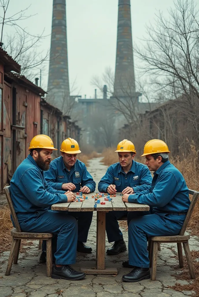 Here is a prompt faithful to the image:  

**"Outdoor scene in an abandoned industrial setting, with tall chimneys and worn metal structures in the background. A group of workers wearing blue jumpsuits and yellow helmets are gathered around an improvised w...