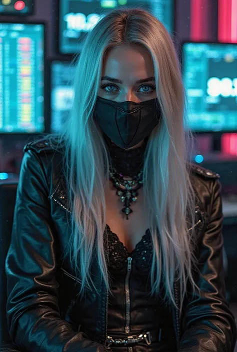 A girl with natural blue eyes and long silvery hair. Her style is cyberpunk and epic, with stylish yet non-flashy clothing made of leather and lace. She wears a minimalist stalker mask on her face. She is sitting in a chair, with monitors displaying tradin...