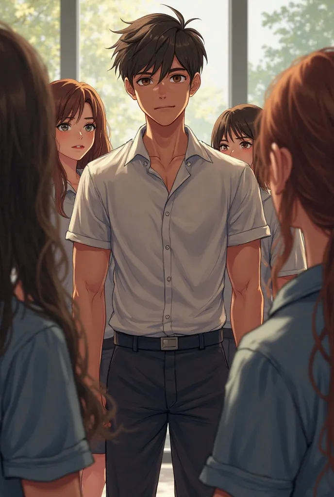 The guy by description - Girls look at him - tall, athletic, with well-defined facial features,  with brown eyes,  in which you can drown .s in school uniform