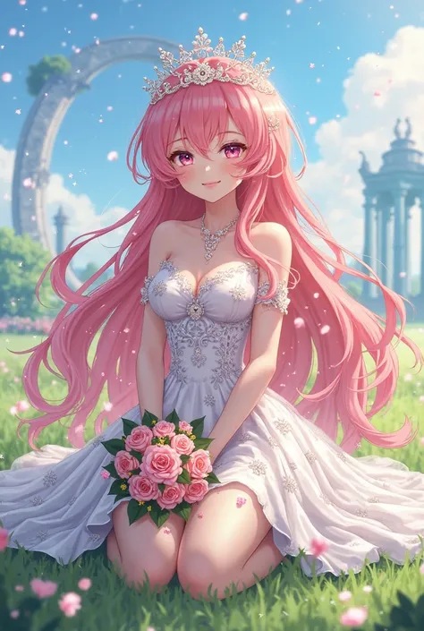 A beautiful Shinobu kocho from Demon Slayer anime-style bride with long, flowing pink hair, adorned with delicate floral accessories and a sparkling tiara. She has bright, enchanting eyes with a soft, warm smile. She wears an elegant, detailed white weddin...