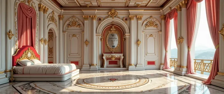 (photorealism:1.2), interior of a palace bedroom with ornate and magical architecture in white red and gold with touches of defining black and very mild neon edging, very luxurious with patterned marble flooring, balconies and entryways into other areas of...