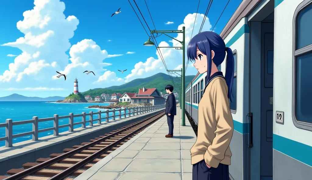 Aoi Takahashi, now going by Akari, steps off the train onto a quiet coastal town platform. She wears a beige sweater over her slightly oversized school blazer, her long, dark blue hair tied in a loose side ponytail, catching the ocean breeze. Her violet ey...