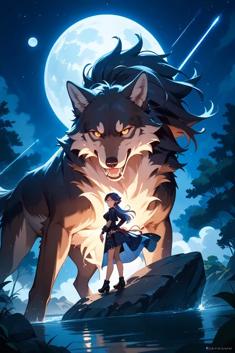 The wolf in a moonlit night
The full moon shines in the dark night sky、A scene where a wolf bathes in that light、standing on a rock and barking。mystical auroras and the brilliance of stars float in the background、the silhouette of a wolf comes to light。