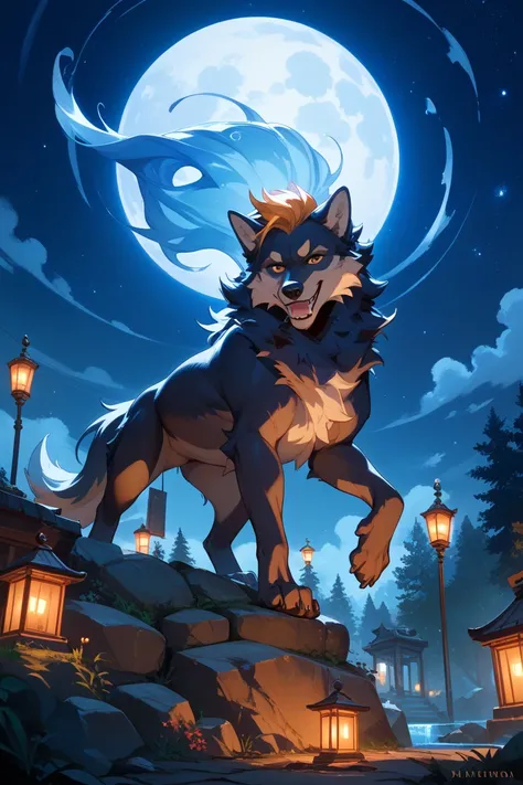 The wolf in a moonlit night
The full moon shines in the dark night sky、A scene where a wolf bathes in that light、standing on a rock and barking。mystical auroras and the brilliance of stars float in the background、the silhouette of a wolf comes to light。