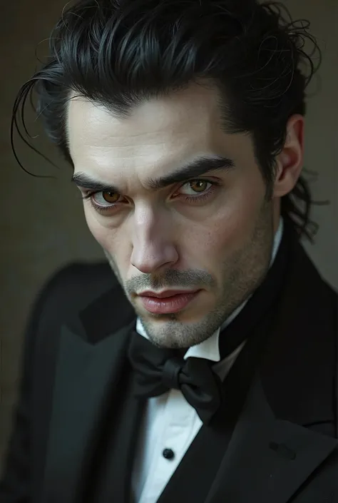 Handsome vampire man with pale skin and hazel eyes, tall black hair pulled up, wearing a black suit, his features close to the screen