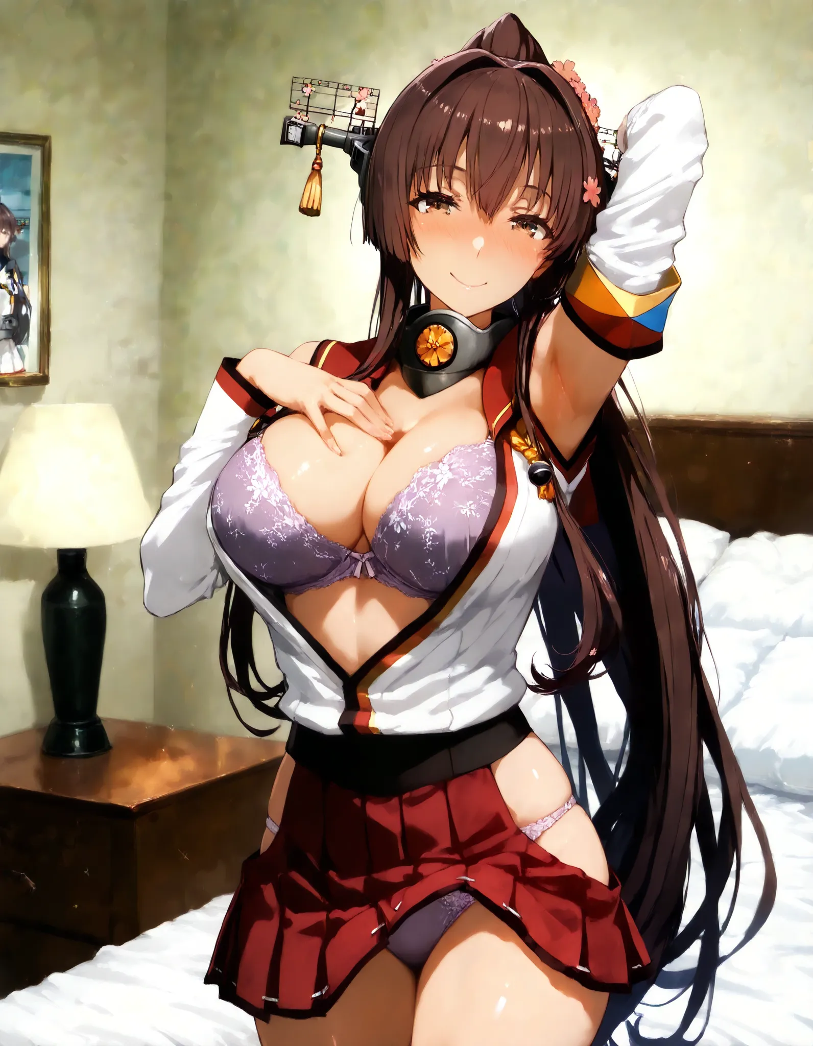 Yamato revision 2(kantai collection),  score_9,  score_8_up,  score_7_up,  source_anime, Yamato, long hair, Braウンヘア, hair ornaments close to the garden, brown eyes, very long hair, ponytail, flower,  Hair Flower, Yamato (fleet this) big breasts,,  red skir...