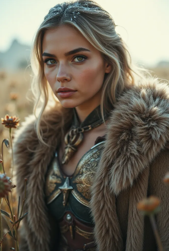 Viking warrior girl,fur coat,snowing,hazey sun,facing viewer,medieval armour,Waling through field of flowers,heavy snow,Natalie dormer, Ethereal,Portrait,Closeup, portrait,girl posing,Closeup candid photo,Hailee steinfeld  and Maddison beer ,,Closeup,Young...