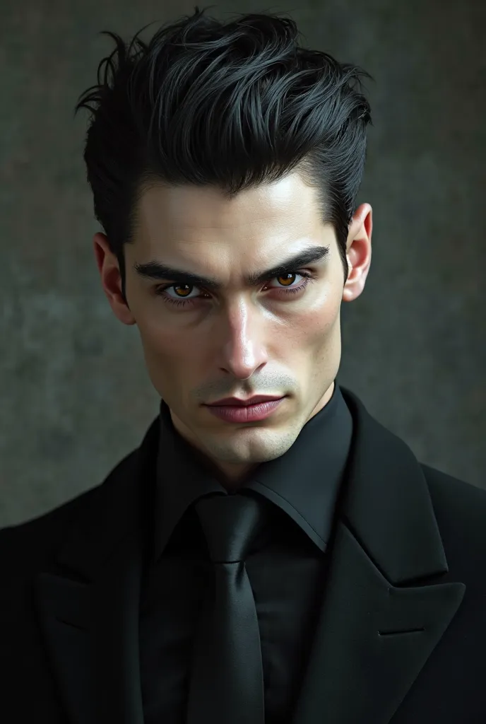 Handsome vampire man with pale skin and hazel eyes, tall black hair pulled up, wearing a black suit, his features close to the screen