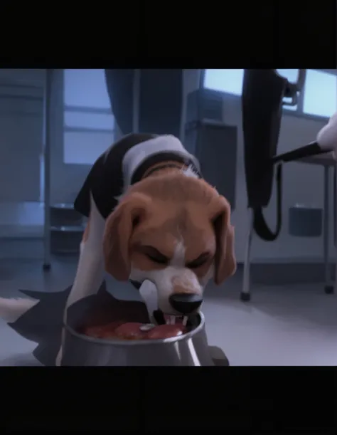 score_9, score_8_up, score_7_up, score_6_up, a long haired anthropomorphic beagle eating meat chops from a metal bowl in the airport security room, open mouth, no humans, 1girl, wolf, body fur, two tone fur, doggystyle pov, wearing a airport security dog s...