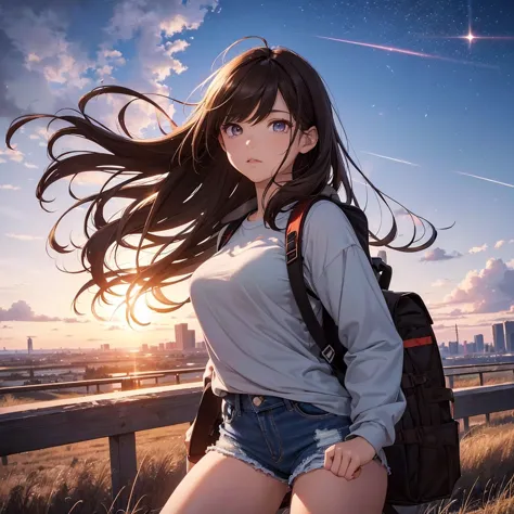 ( beautiful and spectacular skyline, Majestic Sky), (Extremely tense and dramatic picture, Moving visual effects), ( North Star hanging high , Colorful natural light), (1 girl), (Long sleeve top,  denim shorts ,  carry a backpack), (dynamic pose:1.3,  dark...