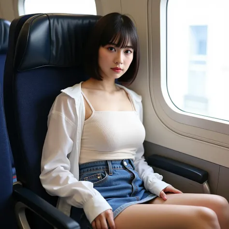  Japanese Actress、black hair bob hair、Big Breasts、 beautiful feet、full body、 is sweaty、I'm wearing a shirt over my camisole、denim mini skirt、I'm dozing off on a bullet train seat、plump thighs、Chest