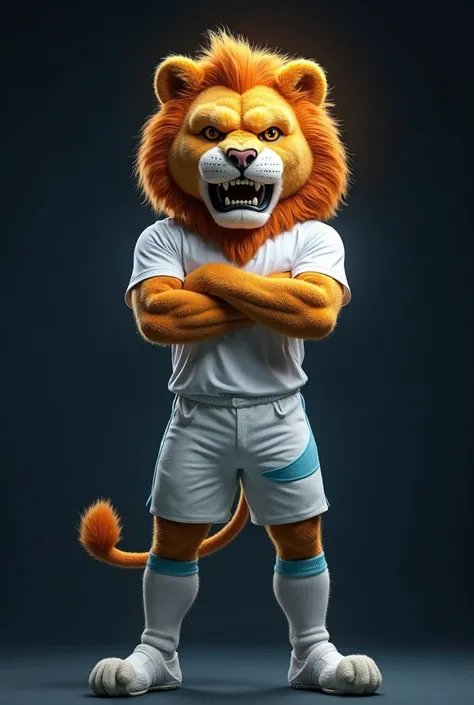 A fierce lion mascot of a football team, standing with arms crossed in a powerful pose. The lion has an intense, angry expression, radiating strength and dominance. It is wearing a white uniform with a baby blue side stripe: a white shirt, white shorts, an...