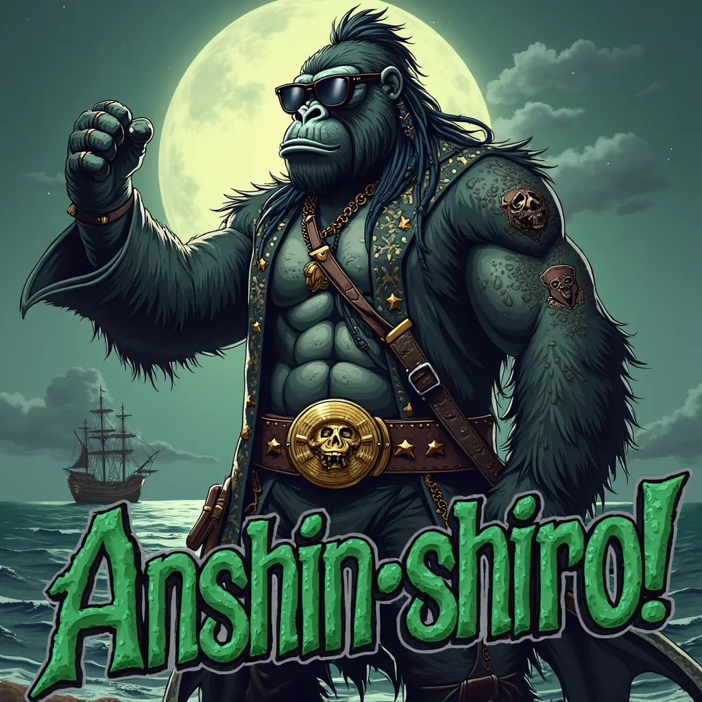 4. "Anshin-shiro!"
A commanding gorilla pirate standing tall, one muscular arm extended as if reassuring his crew. His sunglasses shine under the moonlight, and his dreadlocks sway slightly in the ocean breeze. His tattoos, featuring shields and anchors, e...