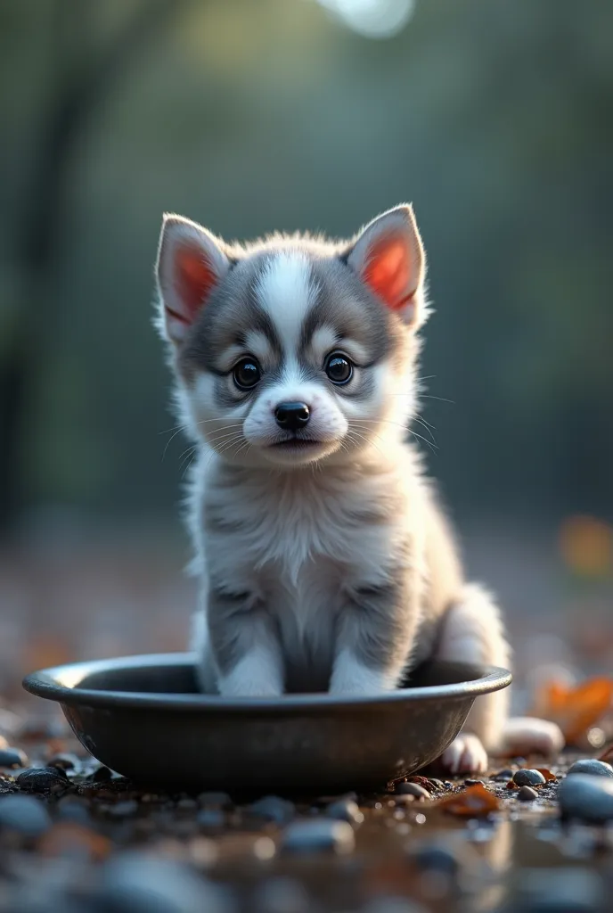 Ultra-detailed, hyper-realistic rendering of a small, cute puppy, sitting on a slightly damp natural ground, surrounded by small dry leaves and pebbles. The pup has soft, textured fur in shades of light gray and white, with soft lighting highlighting each ...