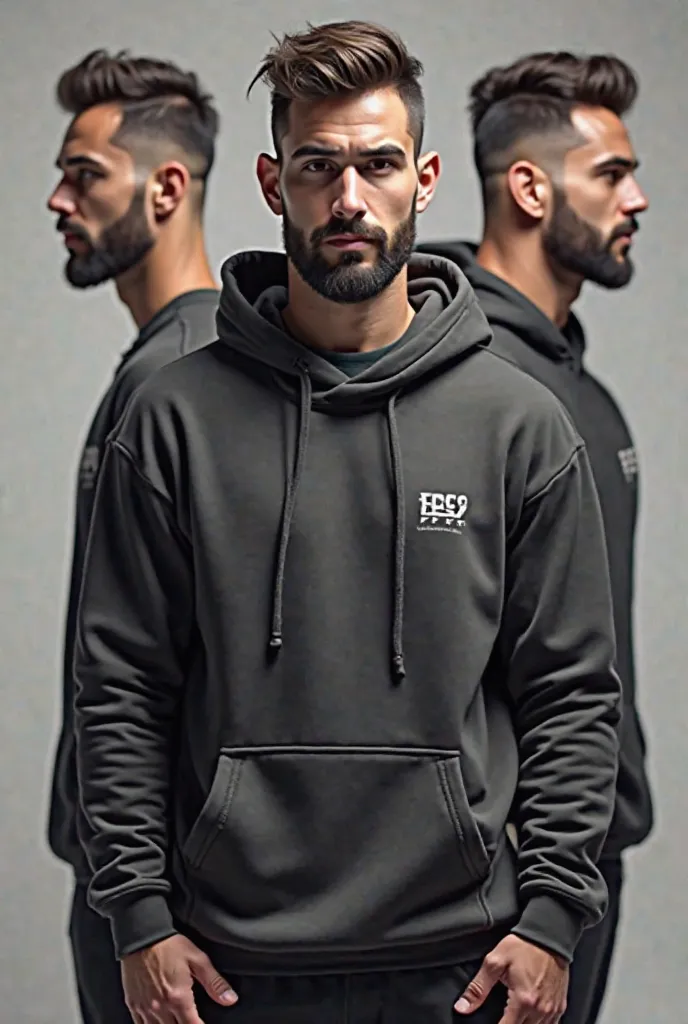 I creat 3 different image in one screen by wearing a man in different styles and angles image is hoodie, t-shirt and sweat shirt and pants with my company name and logo company name is Fiduciary sports 