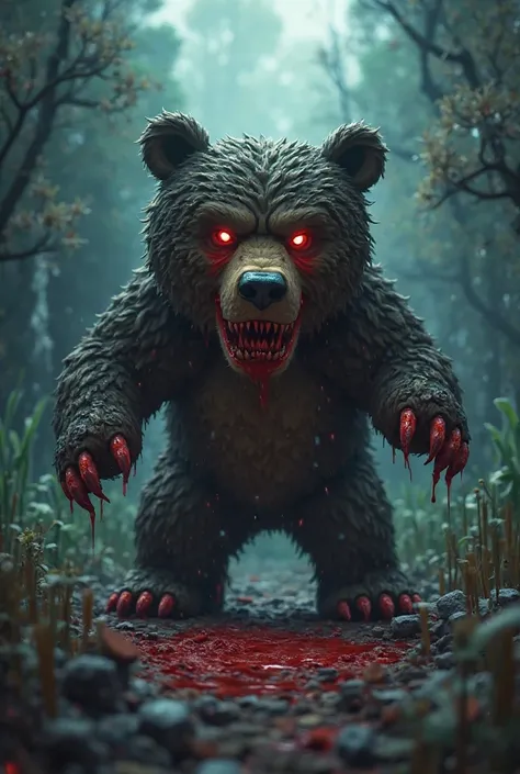 Make a minecraft picture with a bear with blood on mouth and hands and the Minecraft should be animated and a name over his head Cursed