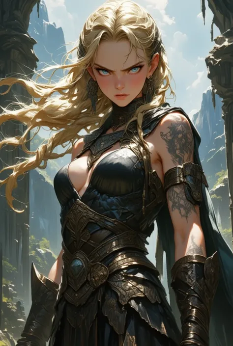 Norse Princess, blonde braids, young, beautiful, angry, Heavy Metal style, Luis Royo and Frank Frazetta inspired, intricate details, side lighting, runic tattoos