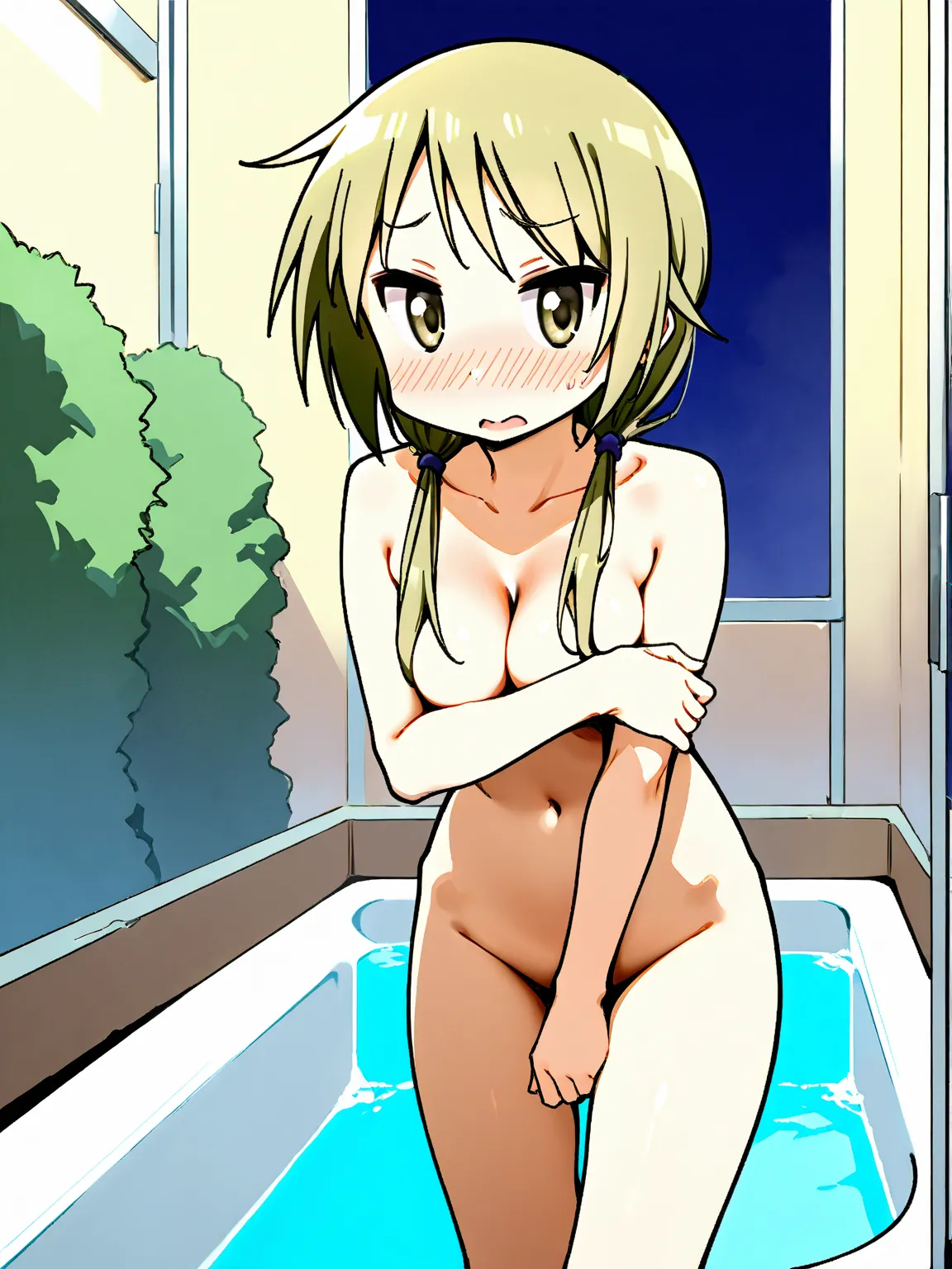 nsfw, one girl, Yuyushiki, Ichii yui , naked, surprising, embarrassed, Public bath