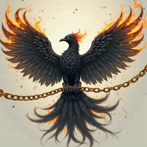 A black Phoenix logo with the outline of the wings being flames of gold, Trying to fly but trapped by a gold chain