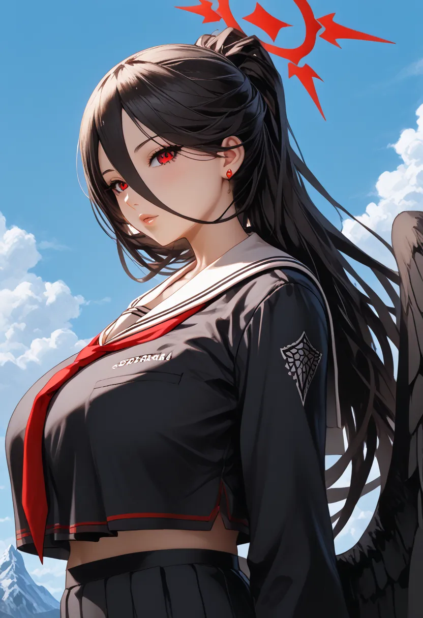 (((Hasumi Hanekawa)))、( black hair)、( long hair)、(((Black Sailor Suit)))、((( red ring on the head )))、(((clothing))),(((( super huge ,  abnormally swollen breasts  ))))、(((HYPER Breast))),((( super huge  ass)))、(((  plump body  )))、((( thighs)))、(((((blue ...