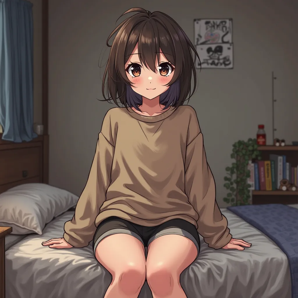 Drawn in anime style. The character is an 18-year-old Japanese girl who is 152 cm tall and has a skinny body with perky smaller breasts and a small but round and cute butt. She has shoulder-length messy dark brown hair, dark brown eyes, and a youthful cute...