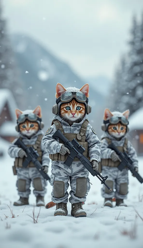 "A squad of six anthropomorphic baby kittens standing in a tactical formation in a snowy landscape. They are dressed in winter camouflage uniforms (white & gray digital pattern), tactical vests, insulated gloves, knee pads, and military boots. Each kitten ...