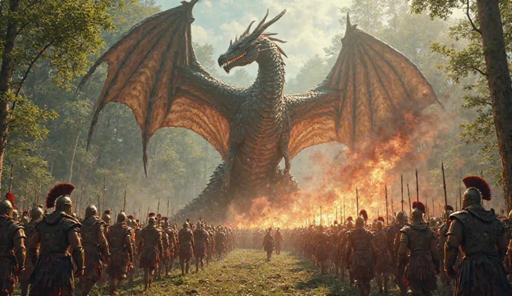 A Roman army battled a giant dragon in the forest.