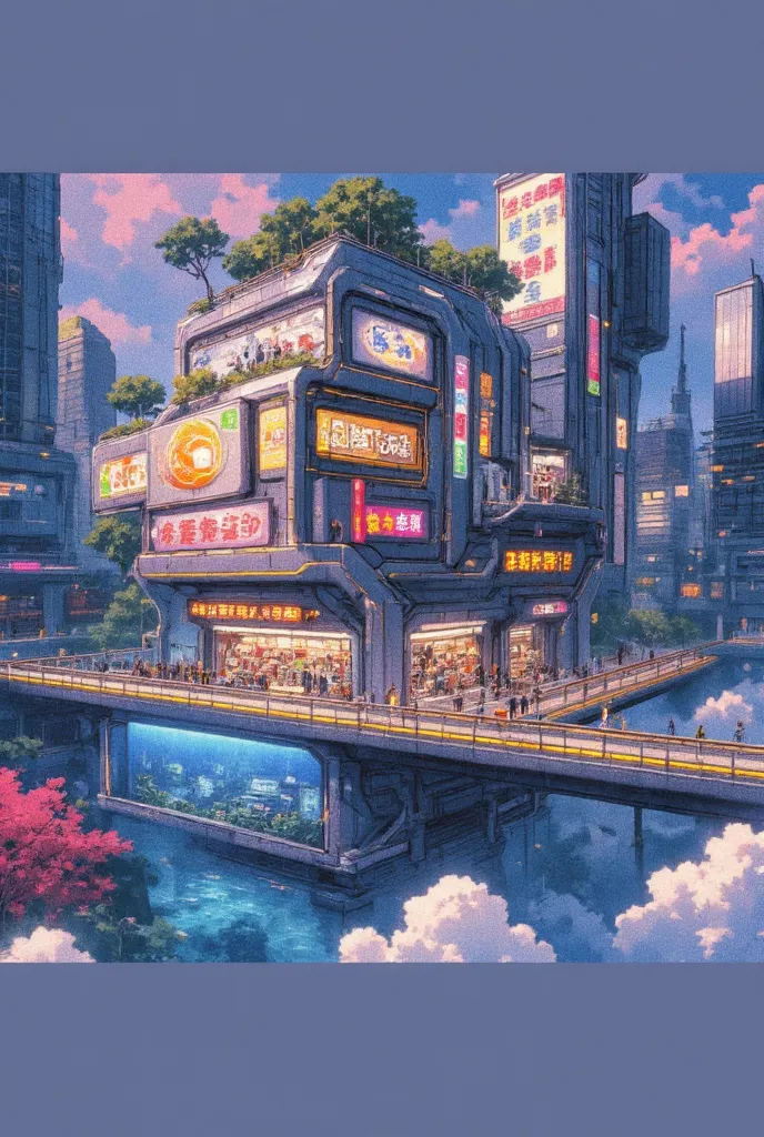 hdr,ssao,highres, cyber-city above the cloud, floating-building in daytime, car, crossing-bridge ahead to building,neon lights,line art, a few of the people visit the [stores[girls[best quality] or foods to display on a screens]], pop-up signs, anime-style...