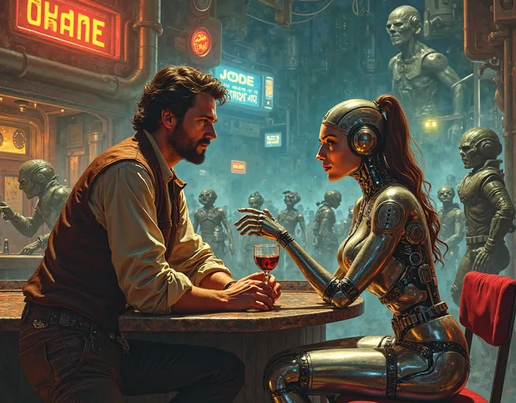 Frank Frazetta (fine art) sci-fi fantasy art, Drake (Han Solo type smuggler, clean shaven) and Leera (female robot (metallic, looks like Nicole man with metallic body) sitting in a futuristic bar. Leela is conversing with Drake who is drinking. In the bacg...