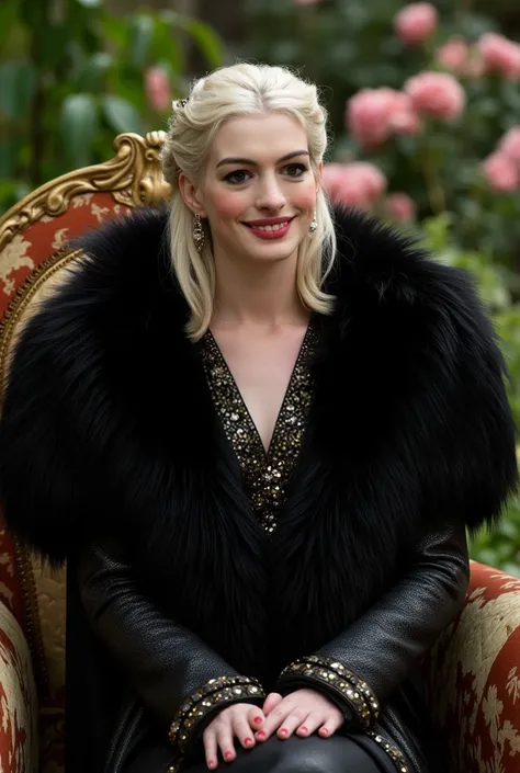  Une jeune et belle femme Targaryen de trente-neufs ans avec des vêtements noirs royaux en fourrure, She laughs and is sitting on a flowery seat .