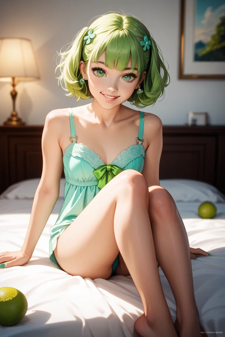 cute girl、watching viewers、close-up、lime green hair bob cut hair、 green eyes、 big smile 、lime green nails、naked、bedroom、knees apart feet together、 Fisheye 