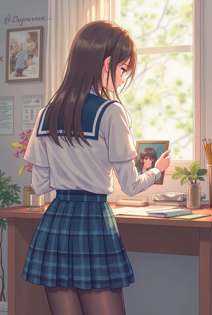 There is a woman sitting at her desk taking a picture of herself, pastel painting inspired by Ma Yuanyu, Tumbler, Tachismo, Plaid tights ,  Full Body Senxia , Puella Magi uniform, 19xx,  plaid skirt, 2263539546], extra short blue  plaid skirt, Ulzzang, Pan...