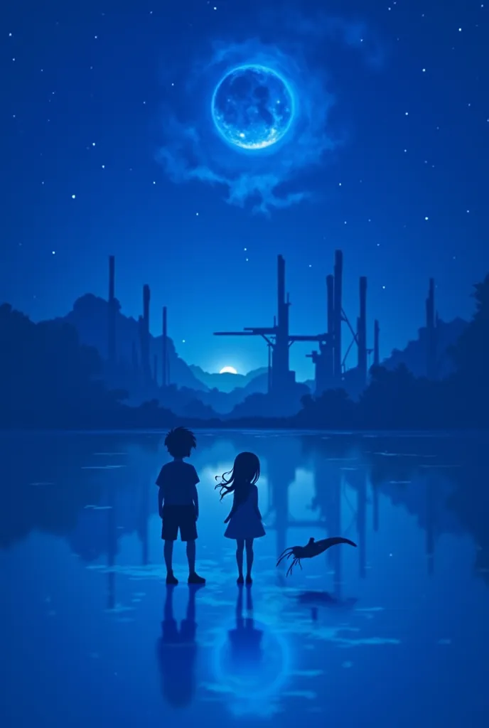 Dark night, a boy standing next to a girl with long hair