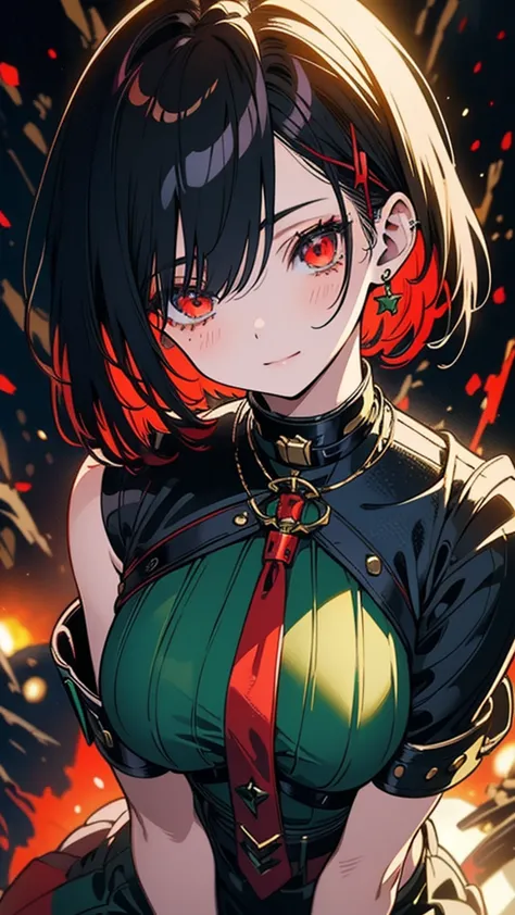  anime, Beautiful girl with a red short bob with a hairstyle slightly mixed with peppermint green、Sci-fi style fashion and background, peppermint green shirt and red and black tie、peppermint green miniskirt、 full picture, best quality, 4K, 8k, high resolut...