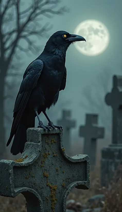 A sleek black crow perches on a crooked tombstone, its eyes gleaming with eerie intelligence. It caws, its cry echoing through the abandoned graveyard, wings flaring in the dim moonlight. Beneath the earth, a cursed skeleton stirs, its hollow sockets glowi...