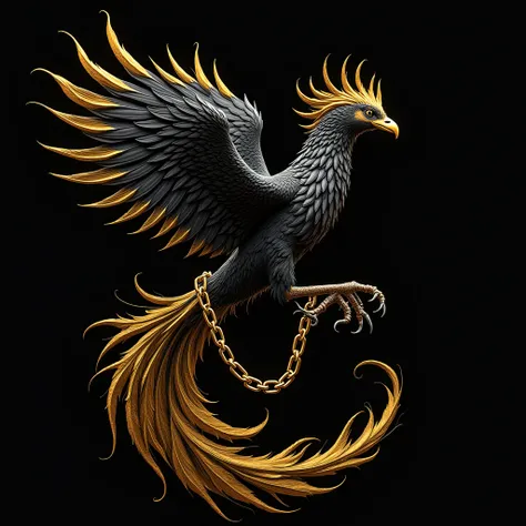 A black Phoenix logo seen in profile,  black with the outline of the wings being flames of gold even gold , Trying to fly but trapped by a gold chain